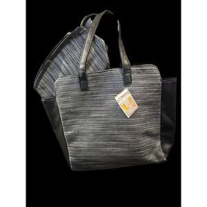 Yankee Candle Tote Black Metallic Silver Gold Threaded Stripes w‎ Zip Pouch*NEW*